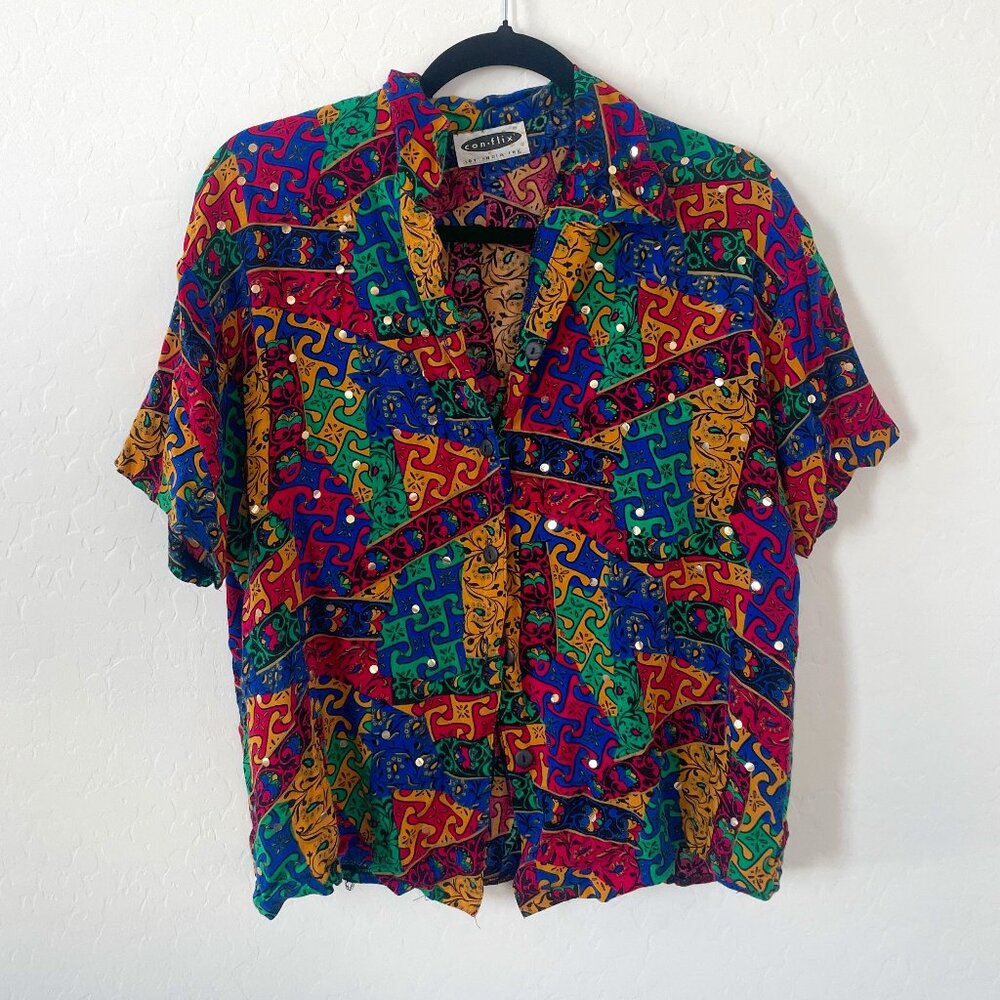 Vintage Abstract Sequin Shimmer Retro Button Down Geo Hipster Boho Blouse Top